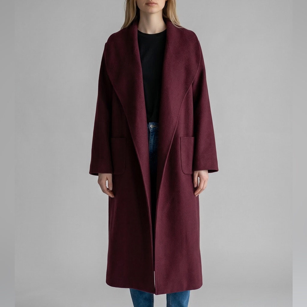Ser.O.Ya Coat Womens Xs/S Burgundy Wool Blend Open Front Long Overcoat Pockets